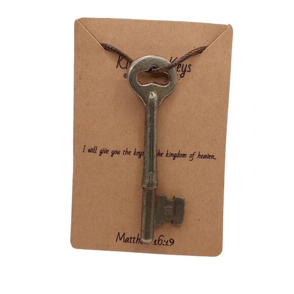 Skeleton Key Necklace Men Women Religious Jewelry Brown Faux Leather Cord #1 - Picture 10 of 14